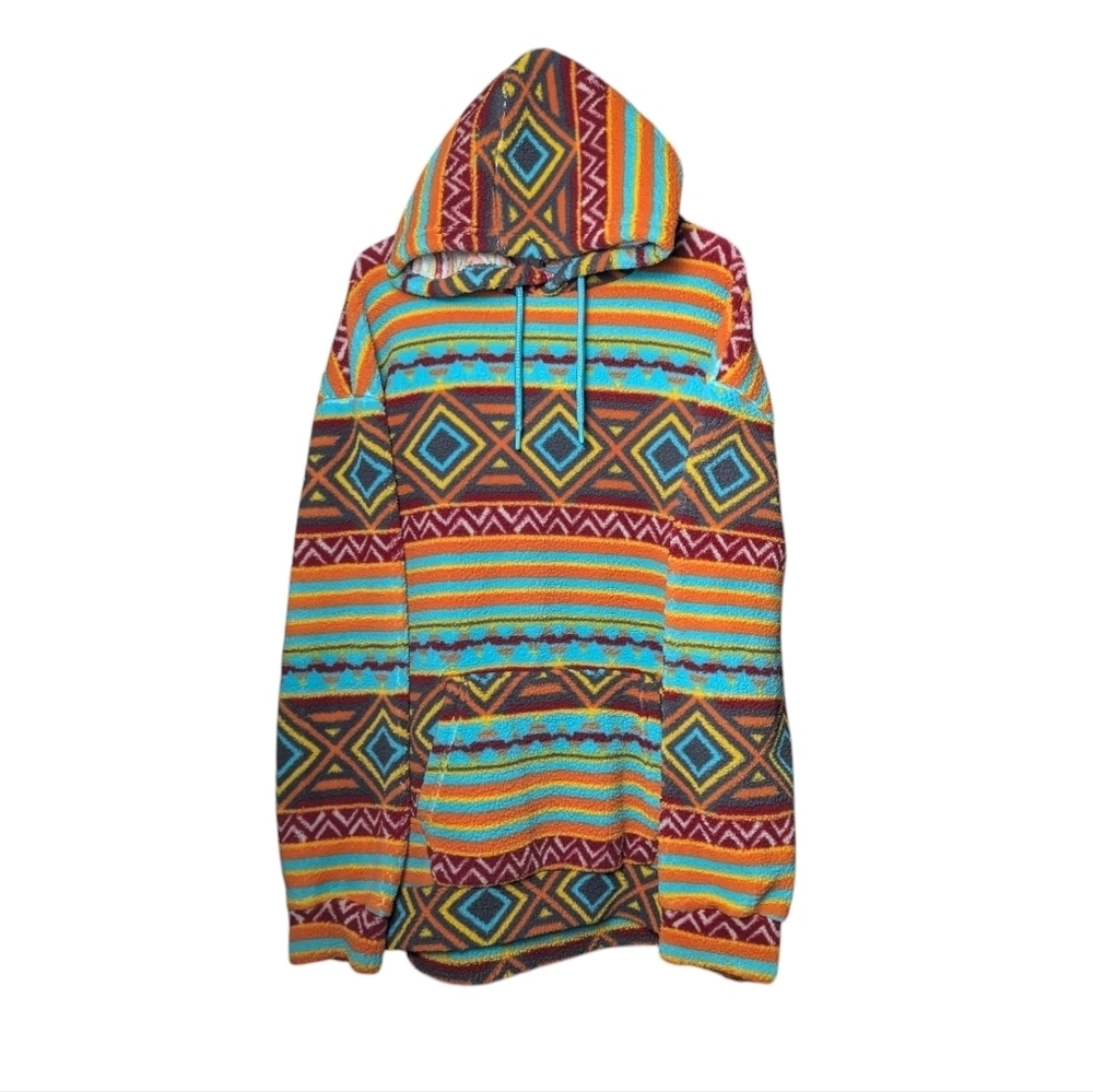 RF Aztec Bright Colorful Geometric Pattern Hoodie Drawstring Turquoise Like New - Picture 2 of 12